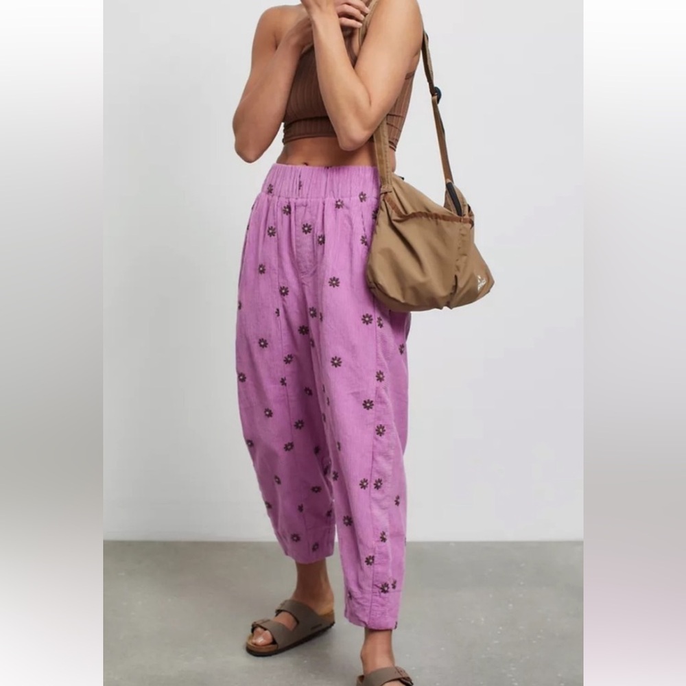 Urban Outfitters BDG Zaria Pants Embroidered Corduroy Pull-On Purple-ish/Brown S